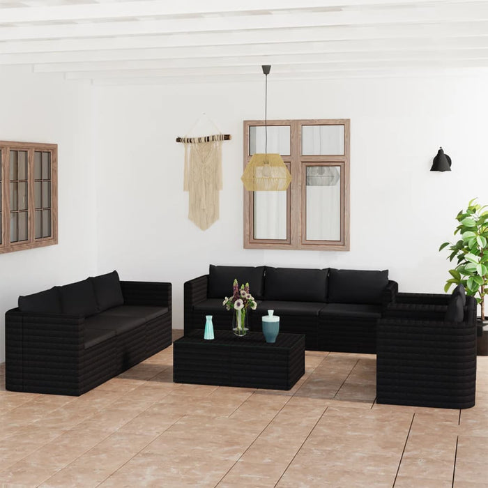 10-tlg. Garten-Lounge-Set mit Kissen Poly Rattan Schwarz
