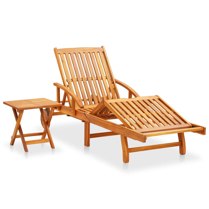 Sun lounger with table and cushion in solid acacia wood