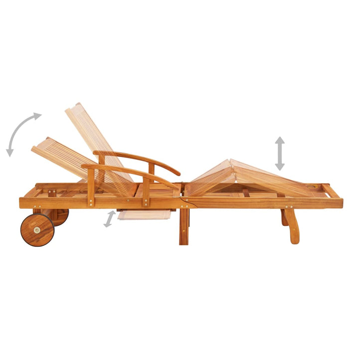 Sun lounger with table and cushion in solid acacia wood
