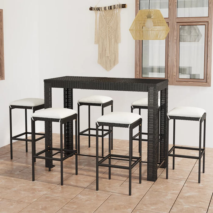 7-tlg. Gartenbar-Set mit Kissen Poly Rattan Schwarz