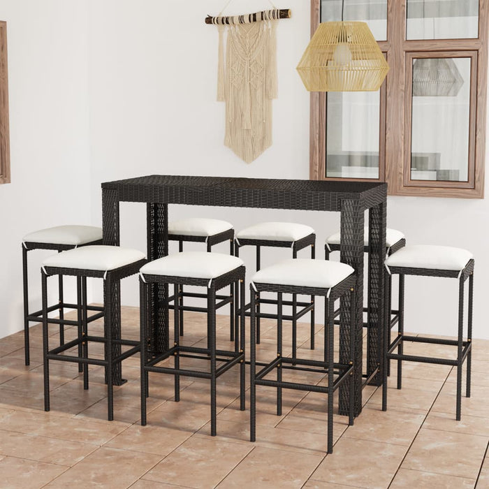 9-tlg. Gartenbar-Set mit Kissen Poly Rattan Schwarz