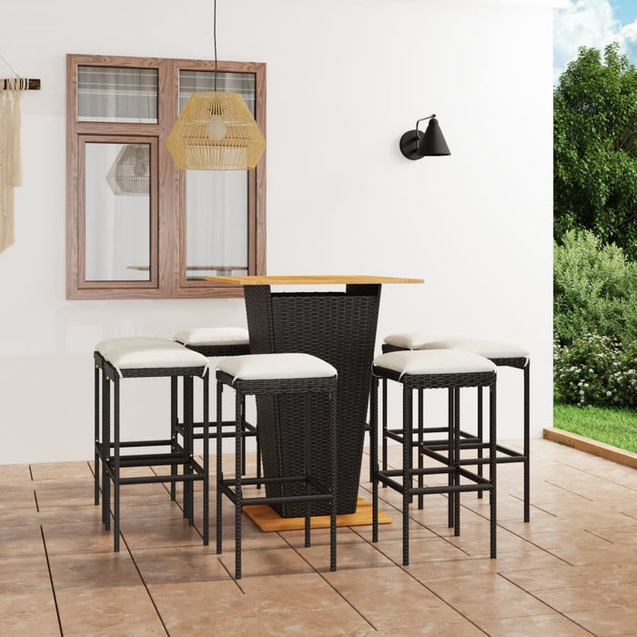 9-tlg. Gartenbar-Set mit Kissen Poly Rattan Schwarz