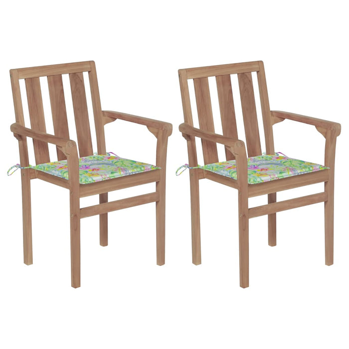 Gartenstühle 2 Stk. mit Blattmuster-Kissen Massivholz Teak