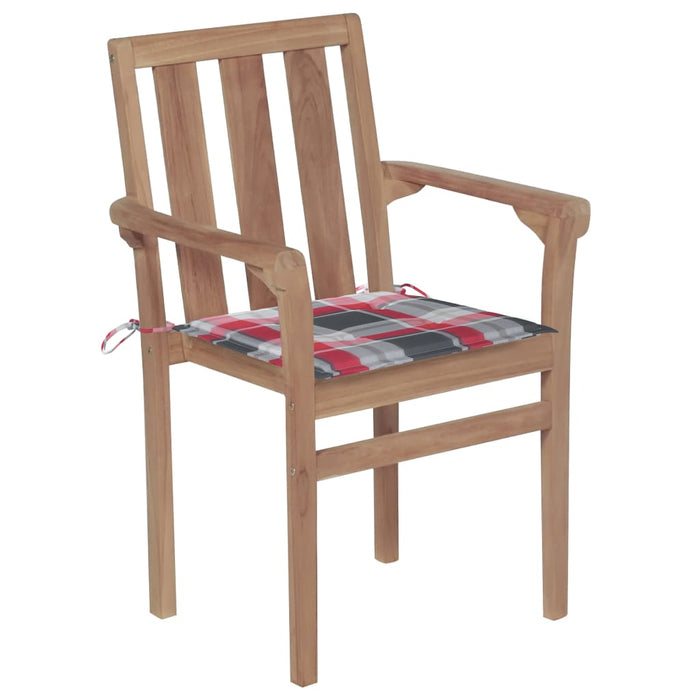 Gartenstühle 2 Stk. Rote Karomuster-Kissen Massivholz Teak