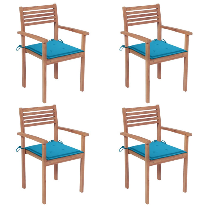 Gartenstühle 4 Stk. mit Blauen Kissen Massivholz Teak
