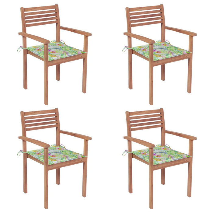 Gartenstühle 4 Stk. mit Blattmuster Kissen Massivholz Teak