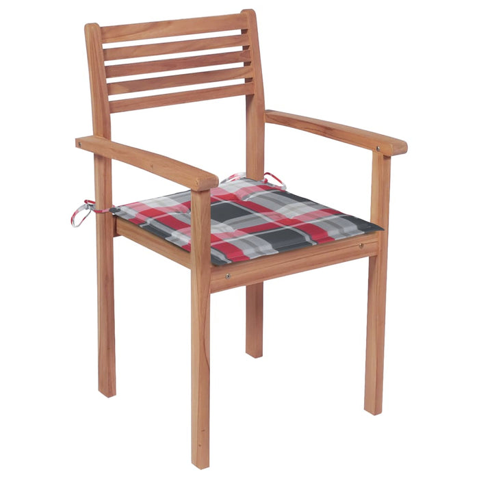 Gartenstühle 4 Stk. Rote Karomuster-Kissen Massivholz Teak