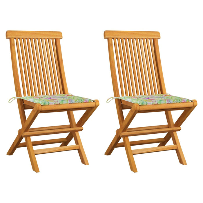 Gartenstühle mit Blattmuster-Kissen 2 Stk. Massivholz Teak