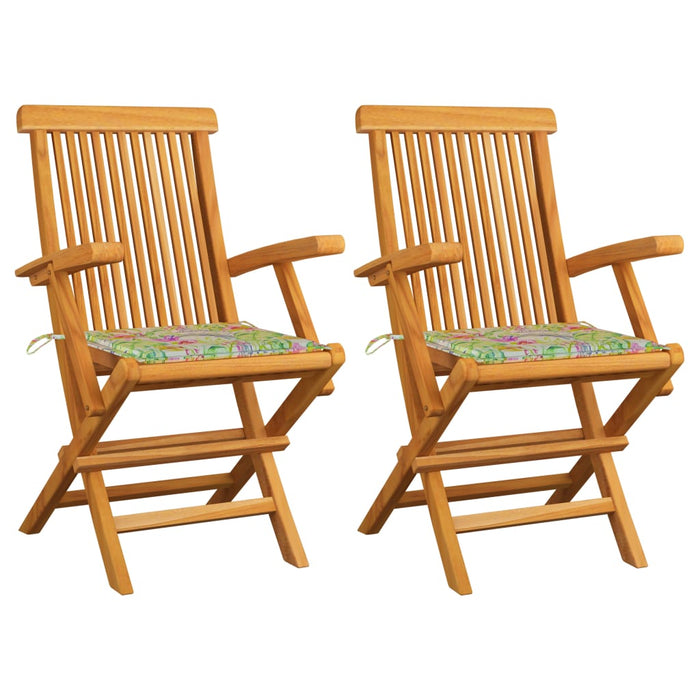 Gartenstühle mit Blattmuster-Kissen 2 Stk. Massivholz Teak