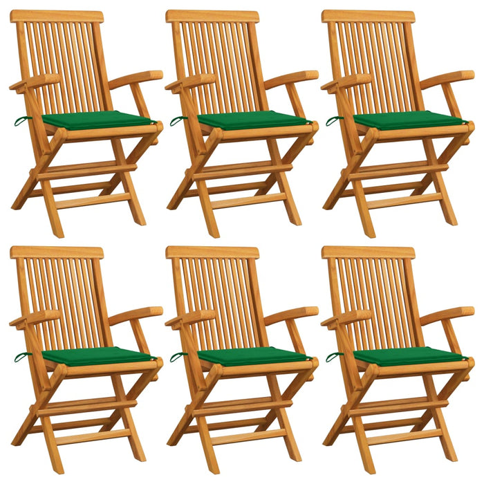 Gartenstühle mit Grünen Kissen 6 Stk. Massivholz Teak