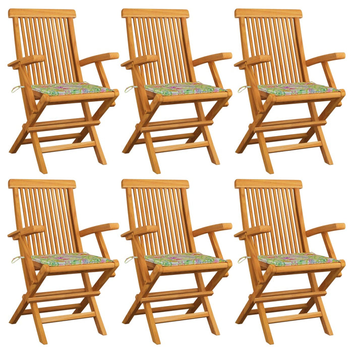 Gartenstühle mit Blattmuster-Kissen 6 Stk. Massivholz Teak