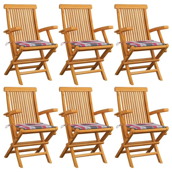 Gartenstühle Rote Karomuster-Kissen 6 Stk. Massivholz Teak