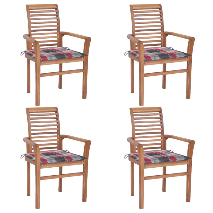 Essstühle 4 Stk. Rote Karomuster-Kissen Massivholz Teak
