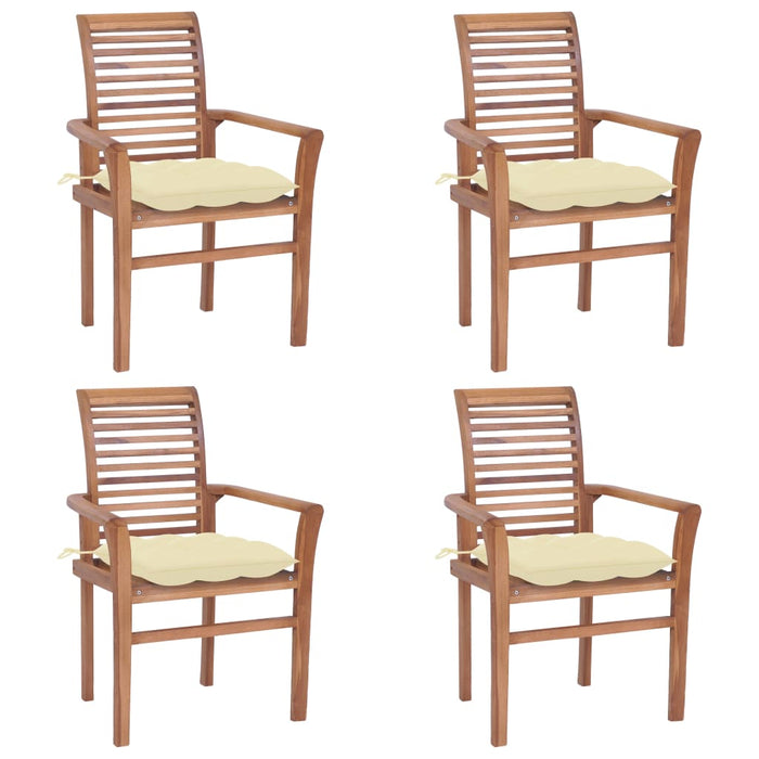 Essstühle 4 Stk. mit Cremeweißen Kissen Massivholz Teak