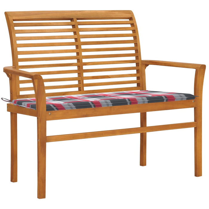 Garden bench red check pattern cushion 112 cm solid teak wood