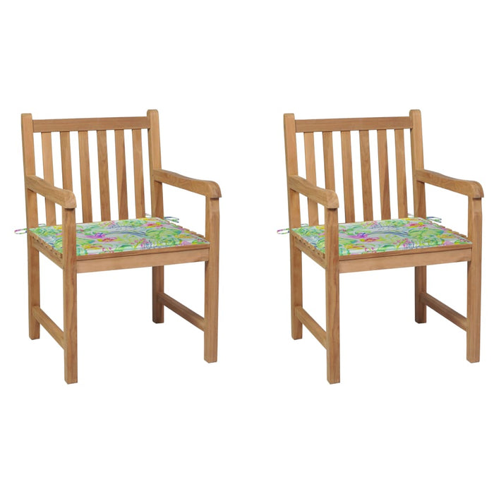 Gartenstühle 2 Stk. mit Blattmuster Kissen Massivholz Teak
