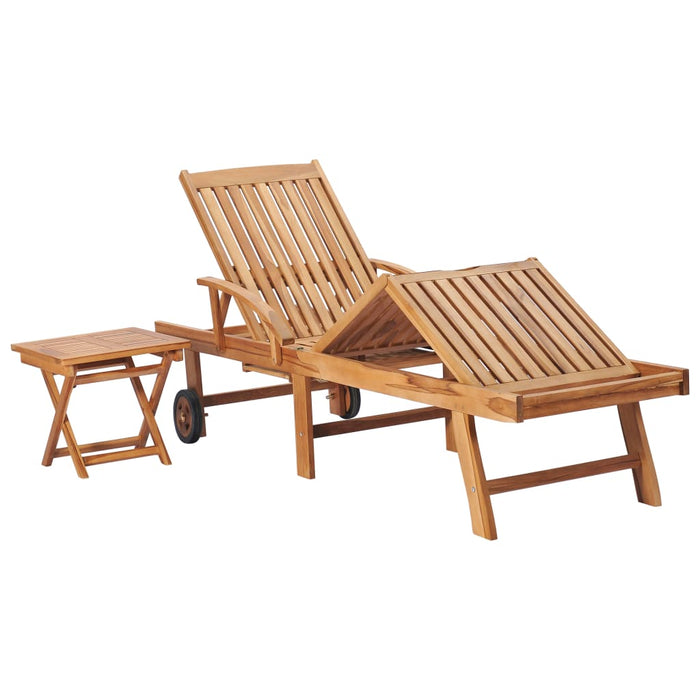 Sun lounger with table and cushion made of solid teak wood
