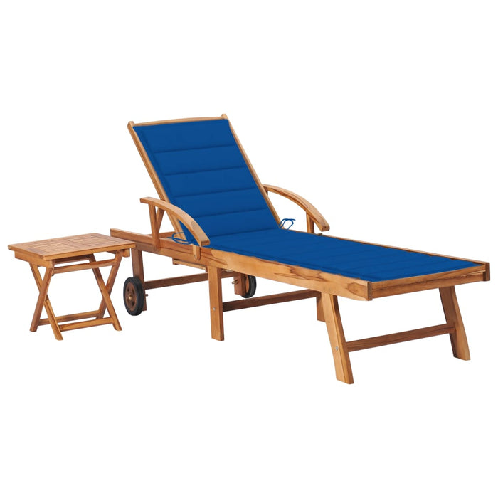 Sun lounger with table and cushion made of solid teak wood