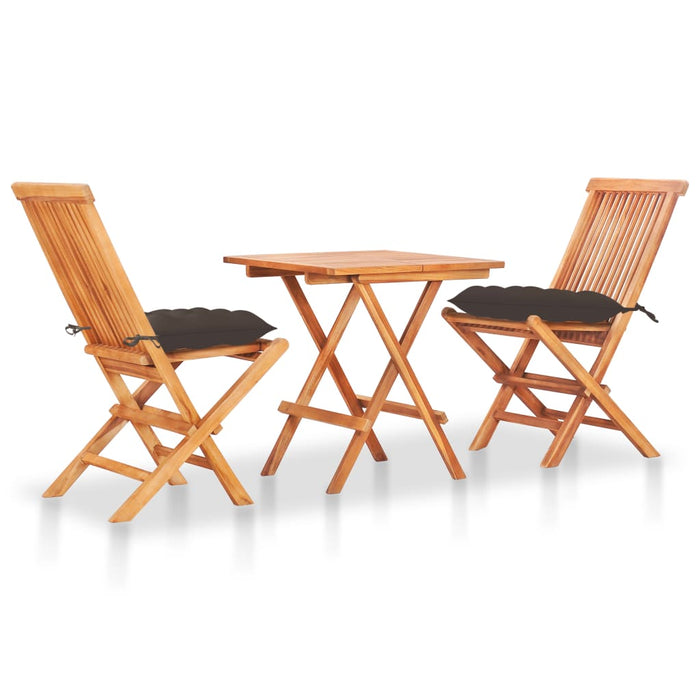 3-tlg. Bistro-Set mit Taupe Kissen Massivholz Teak