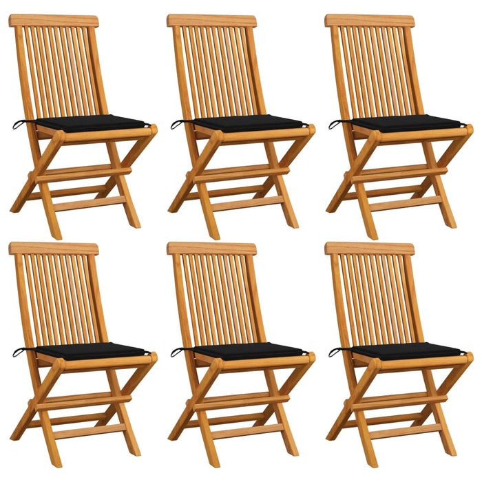 Garden chairs with black cushions 6 pcs. Solid teak wood