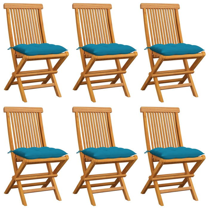 Gartenstühle mit Hellblauen Kissen 6 Stk. Massivholz Teak