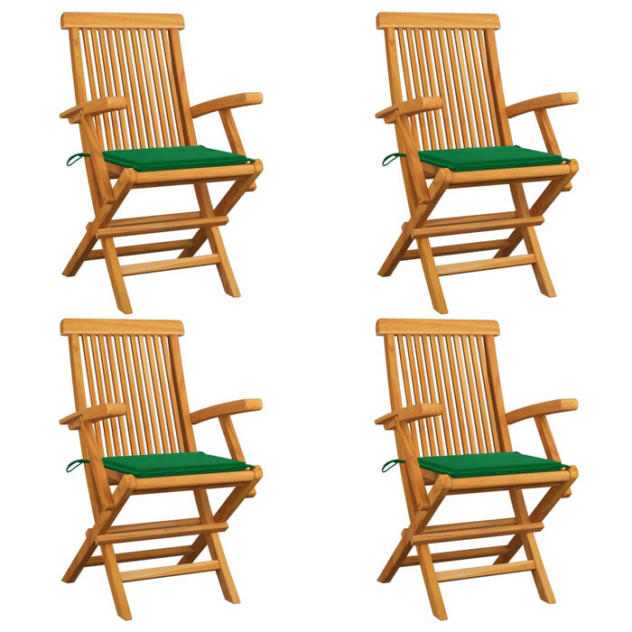 Gartenstühle mit Grünen Kissen 4 Stk. Massivholz Teak