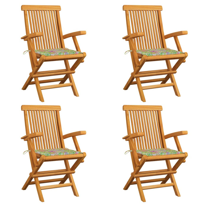 Gartenstühle mit Blattmuster-Kissen 4 Stk. Massivholz Teak