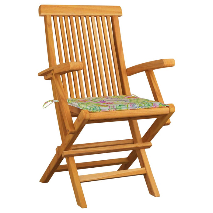 Gartenstühle mit Blattmuster-Kissen 4 Stk. Massivholz Teak
