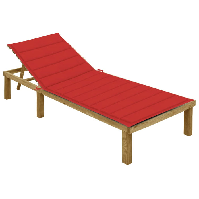 Sun lounger with red cushion impregnated pine wood