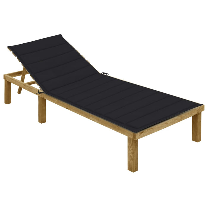 Sun lounger with black cushion impregnated pine wood
