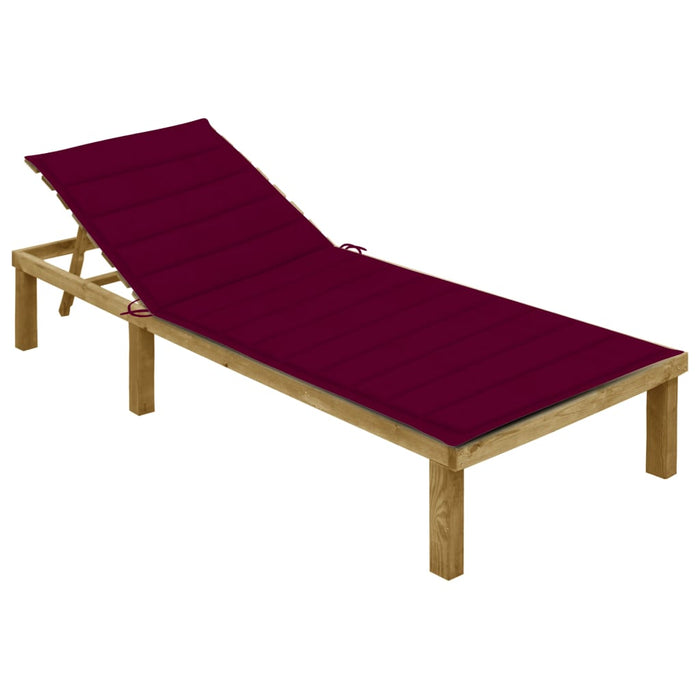 Sun lounger with wine red cushion impregnated pine wood