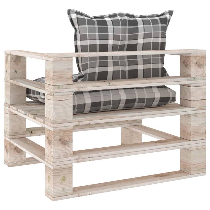 Garten-Palettensofa mit Kissen Grau Karomuster Kiefernholz