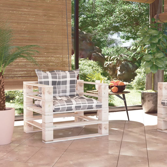 Garten-Palettensofa mit Kissen Grau Karomuster Kiefernholz