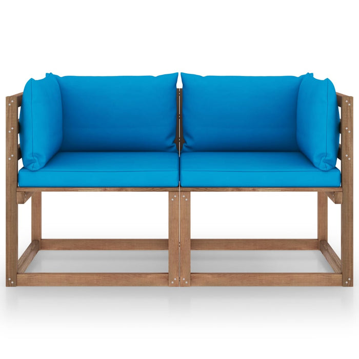 Garten-Palettensofa 2-Sitzer mit Kissen in Hellblau Kiefernholz