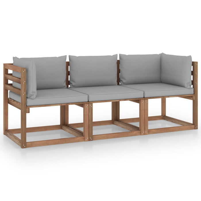 3-seater garden pallet sofa with cushions in gray pine wood