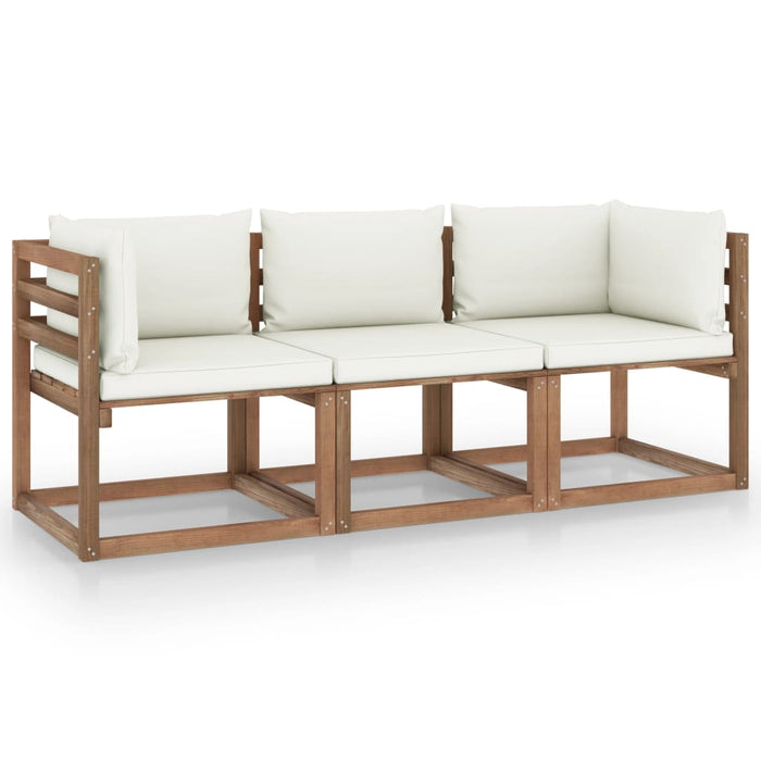 Garten-Palettensofa 3-Sitzer mit Kissen in Creme Kiefernholz