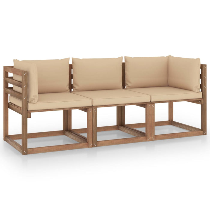 Garten-Palettensofa 3-Sitzer mit Kissen in Beige Kiefernholz