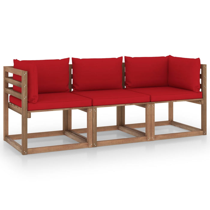 Garten-Palettensofa 3-Sitzer mit Kissen in Rot Kiefernholz
