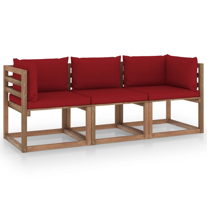 Garten-Palettensofa 3-Sitzer mit Kissen in Weinrot Kiefernholz