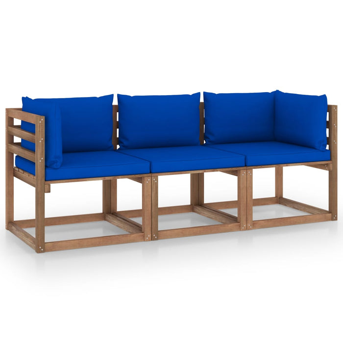Garten-Palettensofa 3-Sitzer mit Kissen in Blau Kiefernholz