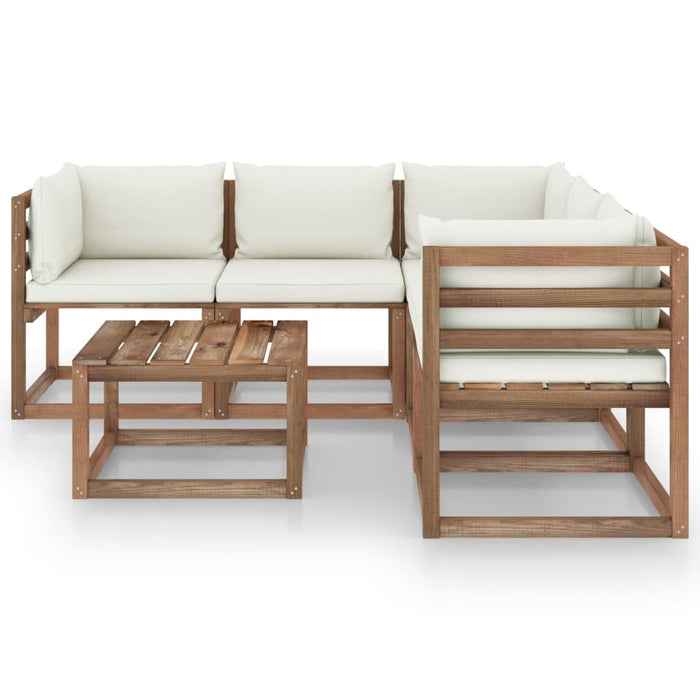 6-tlg. Garten-Lounge-Set mit Kissen in Creme Kiefernholz