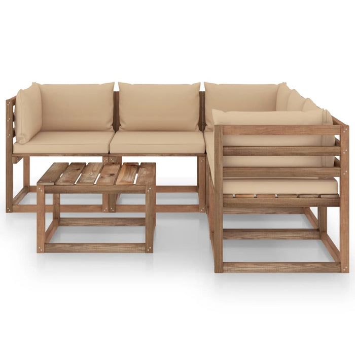 6-tlg. Garten-Lounge-Set mit Kissen in Beige Kiefernholz