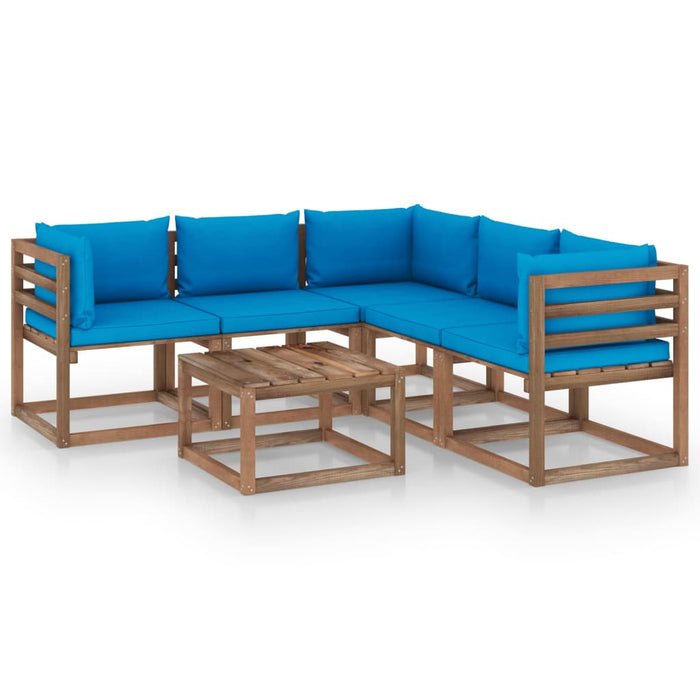 6-tlg. Garten-Lounge-Set mit Kissen in Blau Kiefernholz