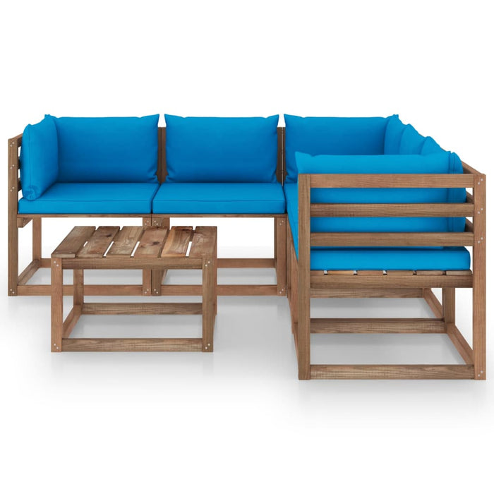 6-tlg. Garten-Lounge-Set mit Kissen in Blau Kiefernholz
