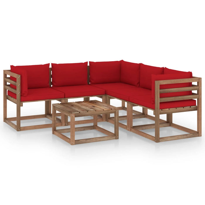 6-tlg. Garten-Lounge-Set mit Kissen in Rot Kiefernholz
