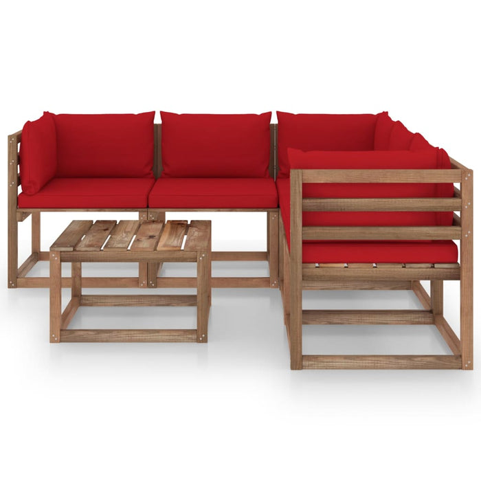 6-tlg. Garten-Lounge-Set mit Kissen in Rot Kiefernholz