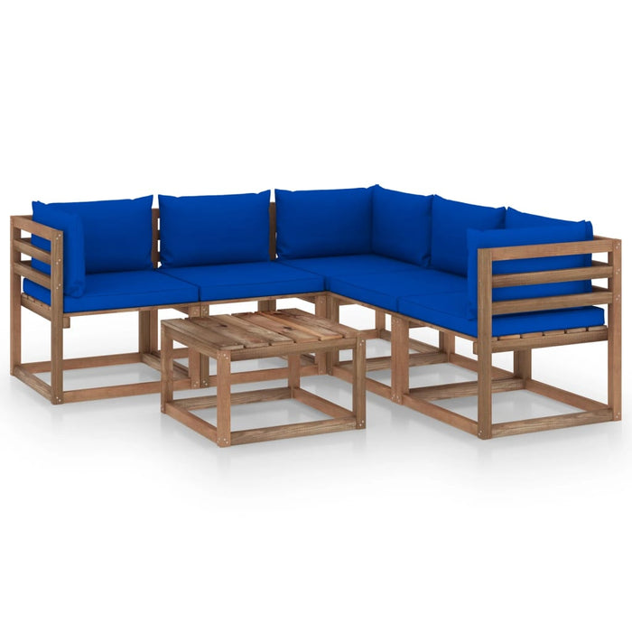 6-tlg. Garten-Lounge-Set mit Kissen in Blau Kiefernholz