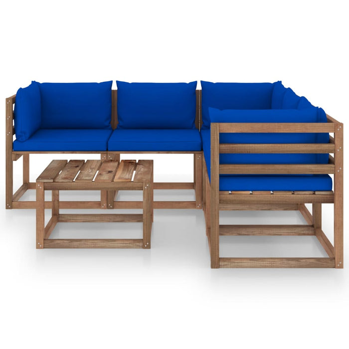 6-tlg. Garten-Lounge-Set mit Kissen in Blau Kiefernholz