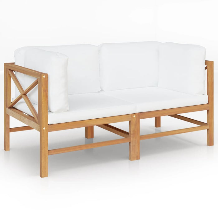 2-seater garden bench with cream cushions in solid teak wood