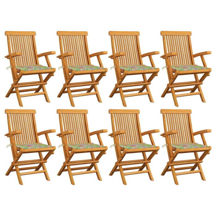 Gartenstühle mit Blattmuster-Kissen 8 Stk. Massivholz Teak